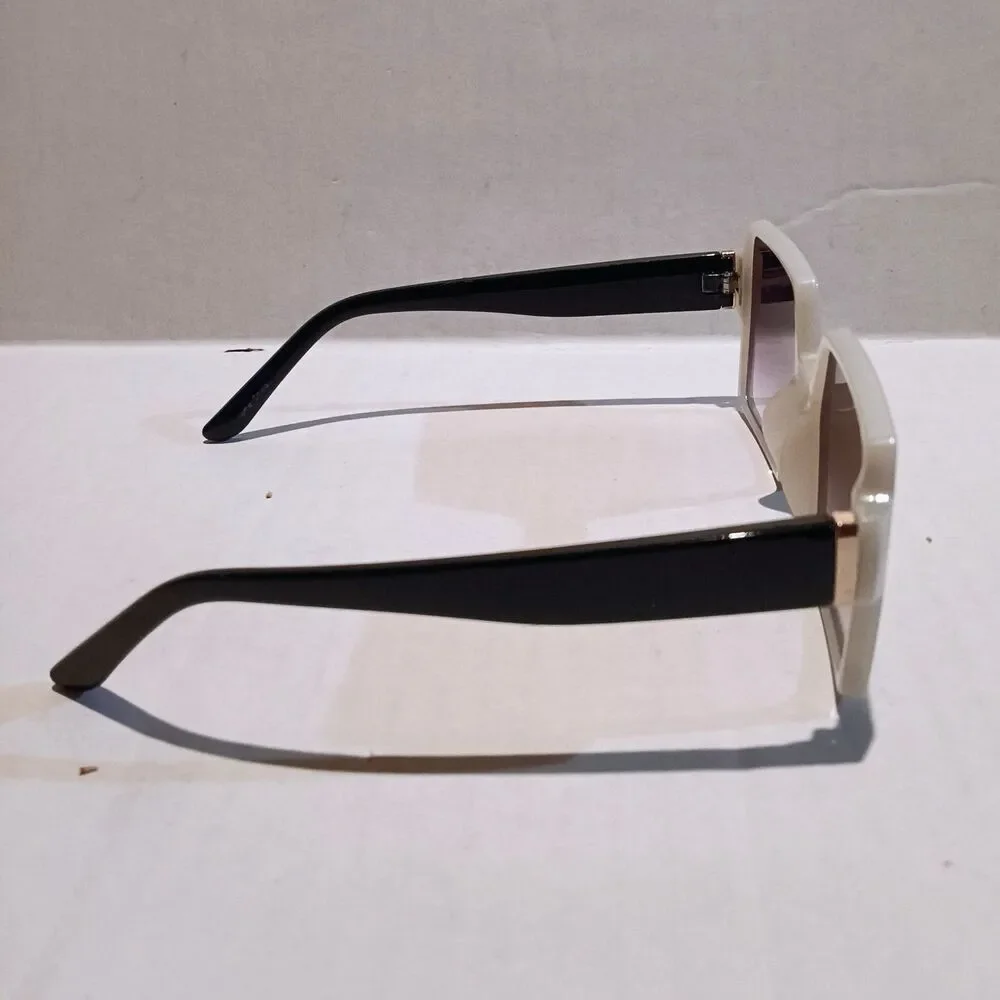 Womens Oversized Flat Top Square Sunglasses-Violet Lenses-White-Black-Gold Detai